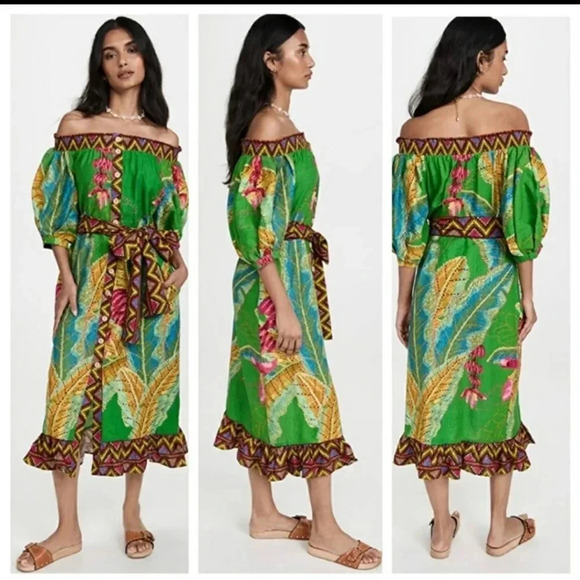 Farm Rio - Banana Leaves Off Shoulder Midi Dress in Banana Leaves size M NWT - Picture 1 of 9